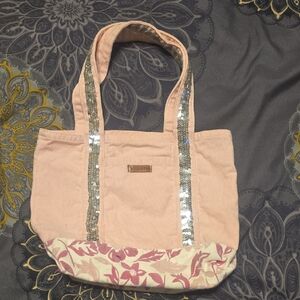 Hollister Pink Canvas Tote with Silver Sequin Straps and Floral Trim